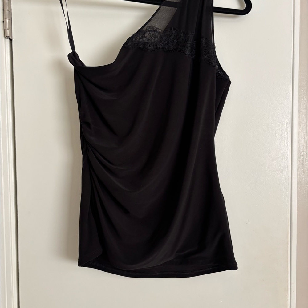 White House Black Market Black One-Shoulder Lace-Trim Tank